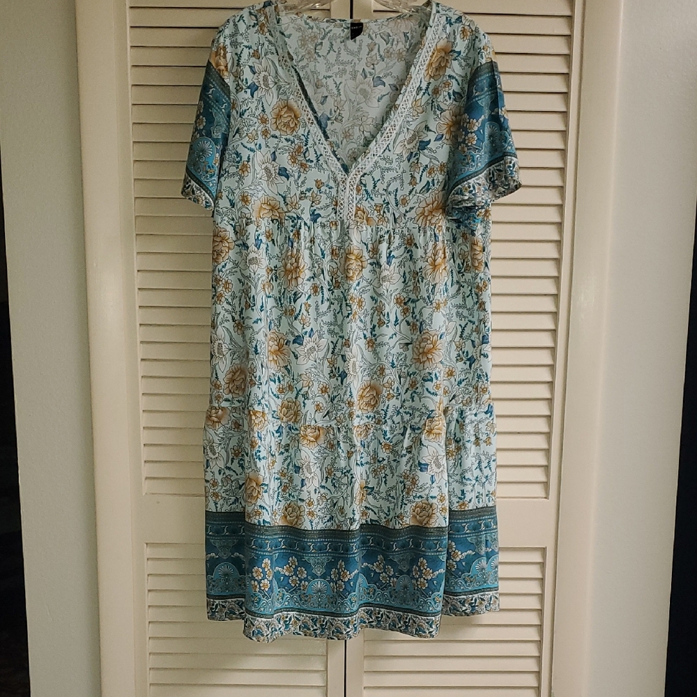 SHEIN Teal and Gold Floral Midi Dress